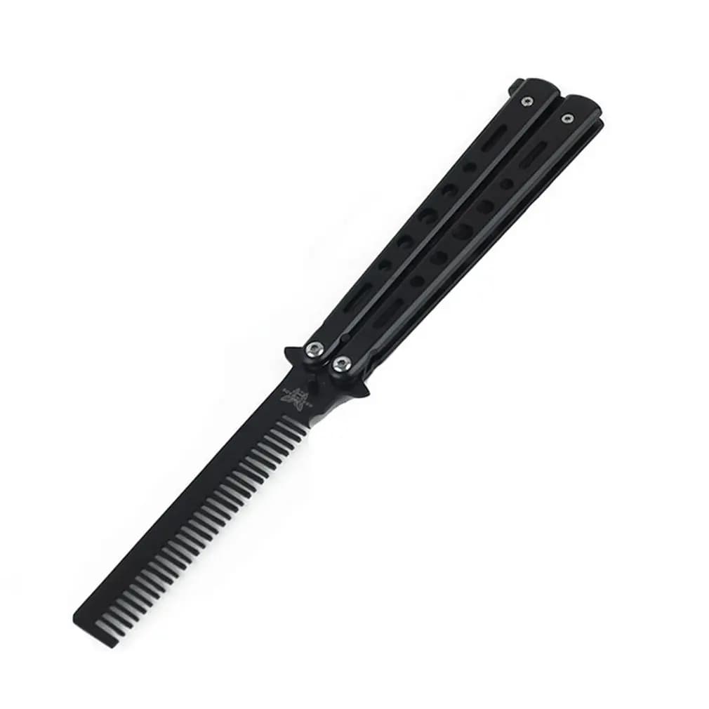 Professional Salon Stainless Steel Folding Butterfly Knife Hair Comb - Training and Styling Tool - Black/Silver