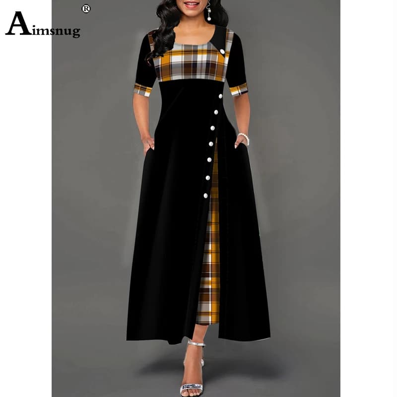 Plus Size 4XL 5XL Women's Elegant Long Plaid Print Party Dresses - Irregular Ladies Vintage Button Dress with Patchwork A-Line