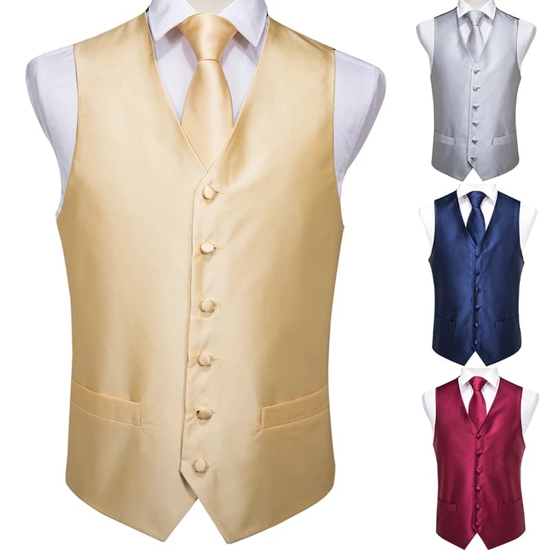 Hi-Tie Men's Solid Gold 100% Silk Suit Vest Set with Waistcoat, Tie, Pocket Square, and Cufflinks for Wedding Party Business