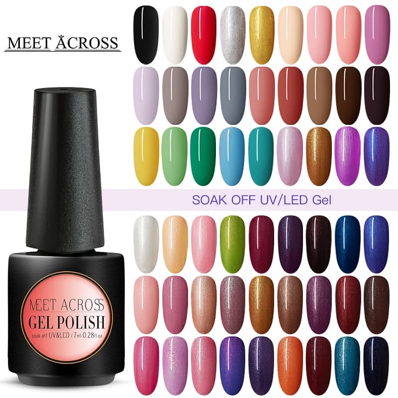 MEET ACROSS 7ml Nail Gel Varnish | Pure Color Gel Polish | Base Coat | No Wipe Top Coat | Soak off Gel Polish | Manicure Gel Lacquer