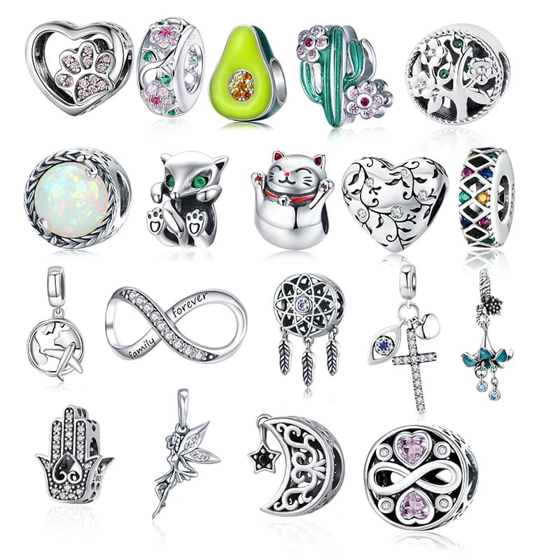 BISAER 925 Sterling Silver Charms - Heart, Star, Princess Crown, Bowknot, Dream Catcher Beads for Jewelry Making