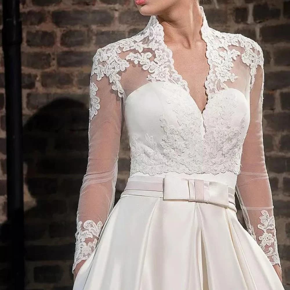 White Ivory Lace Applique V-Neck Bridal Bolero with Long Sleeves - Custom Wedding Accessories