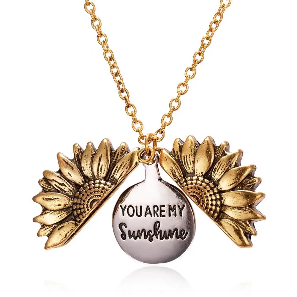 Gold and Silver Open Locket Necklace with Engraved You Are My Sunshine Sunflower Pendant - Unique Party Jewelry Gift