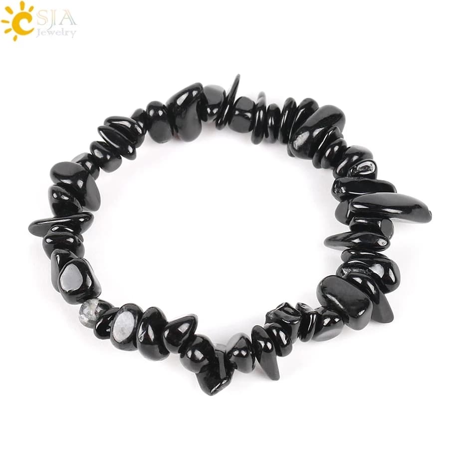 CSJA Natural Gem Stone Chip Beads Chakra Black Tourmaline Bracelets - Small Size for Women, Reiki Healing, Meditation, Aura Gift - E705