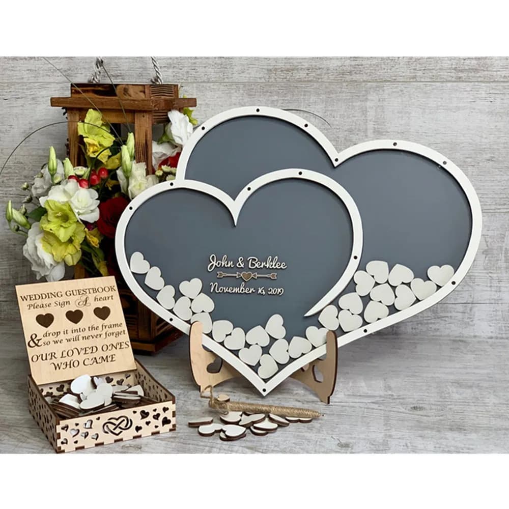 Custom Double Heart Shape Wedding Guest Book Decoration - Rustic Sweet Heart Drop Box Wedding Guestbook - Wooden Box 3D Drop Box Guest Book