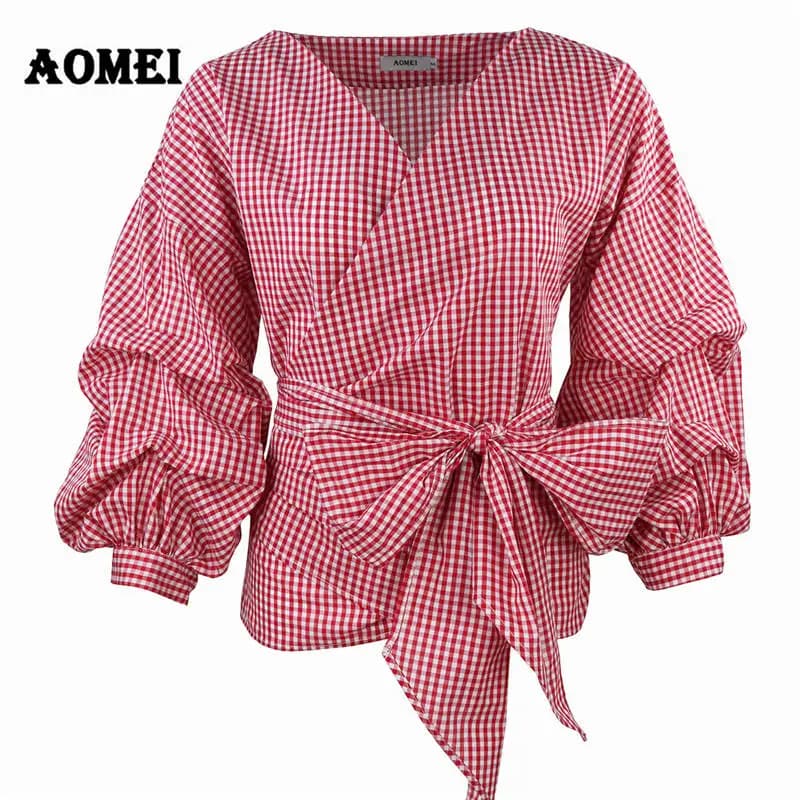 Women Red Gingham Peplum Tops White 3/4 Puff Sleeve Checkered Blouse V Neck Lady Summer Shirts Female Clothes Blusas Bow Tie
