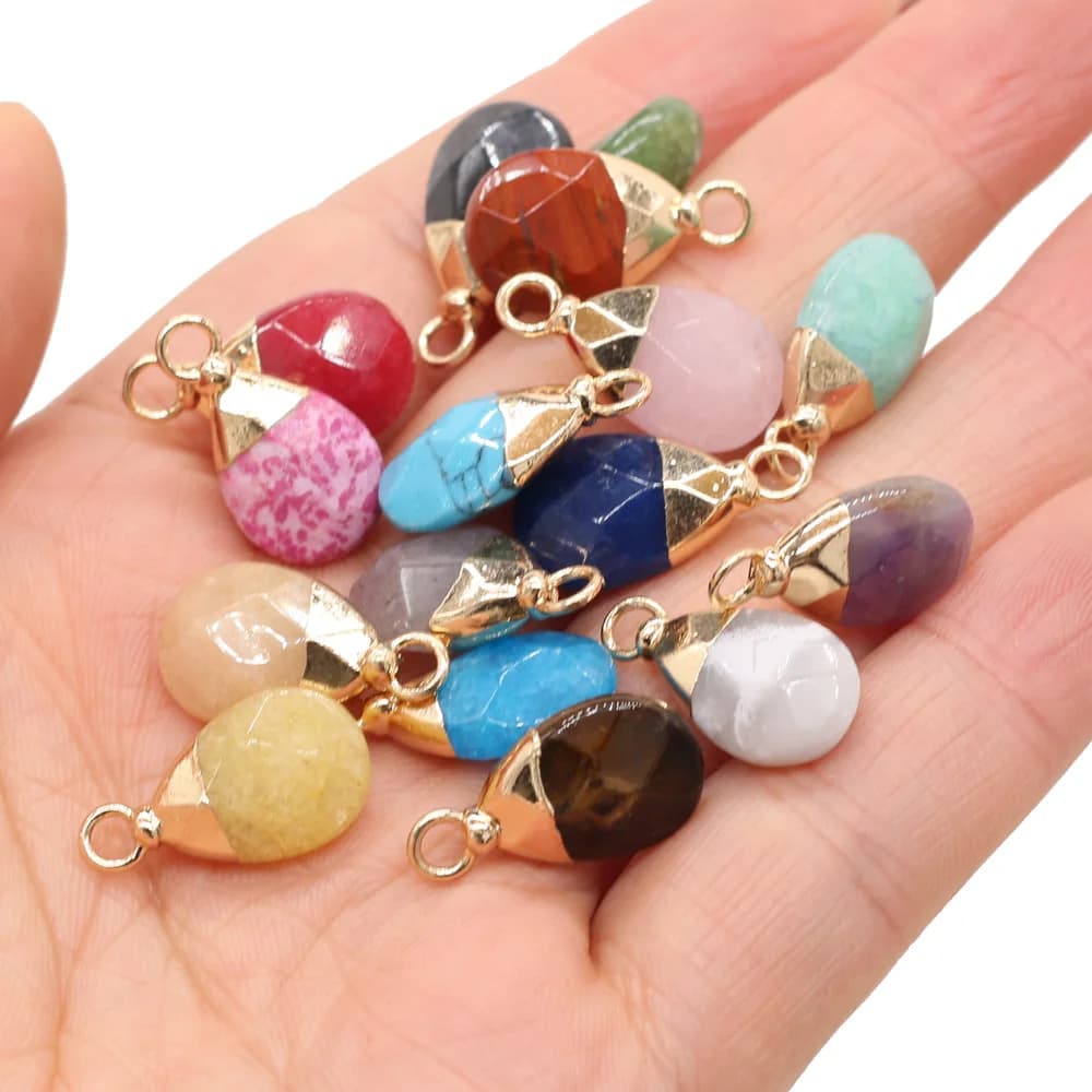 Natural Stone Pendant with Golden Plating and Faceted Amethyst, Crystal, and Red, Blue, Yellow Gems - Ideal for DIY Jewelry Making of Earrings and Necklaces
