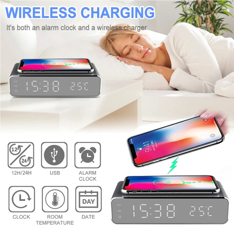 Electric LED Alarm Clock with Wireless Phone Charger and Digital Thermometer - HD Mirror Clock with Date and 12/24 Hour Switch
