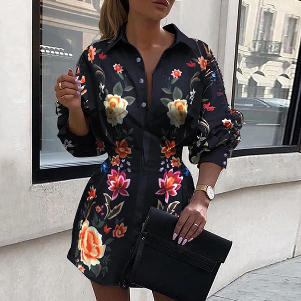 Women's Autumn Floral Printed Thin Blouse - Hirigin Elegant Button-up V-neck Long Sleeve Shirts in Harajuku Black