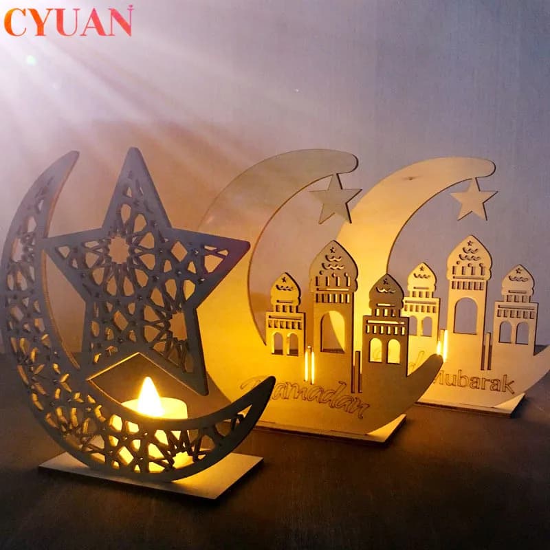 Ramadan Eid Mubarak Home Decor: Wooden Table Stand, Moon Plaque, Hanging Pendant - Islam Muslim Event and Party Supplies