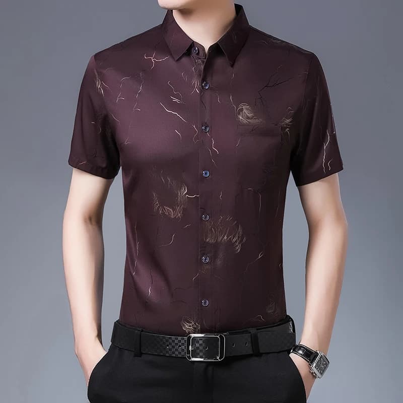 Slim Fit Men's Silk Cotton Summer Short Sleeve Print Shirt - Casual Men's Clothing C739