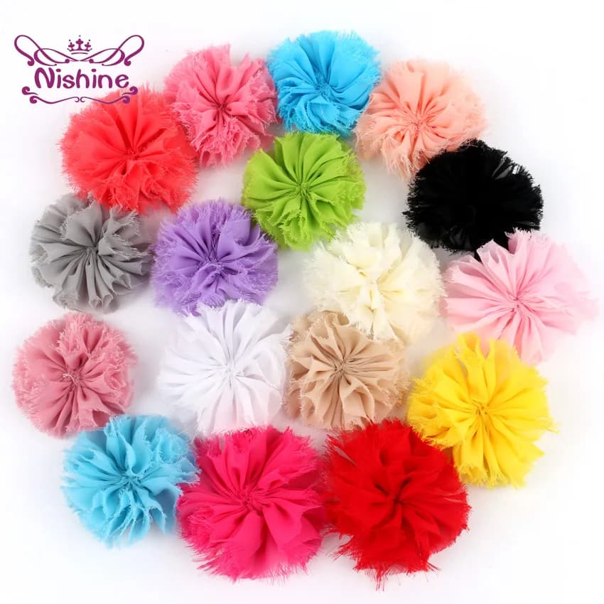 Nishine Shabby Chiffon Hair Flowers for Kids Baby Girls - Pack of 10, 2.8 - DIY Headband Clips - Fabric Soft Flowers Hair Accessories