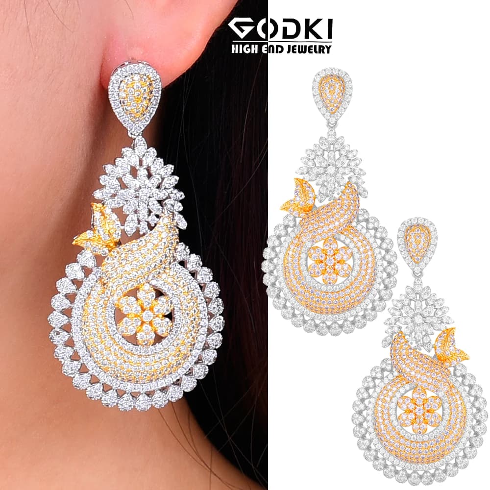 GODKI Luxury Bicolor Leaves African Dangle Earrings | Women's Wedding Cubic Zirconia Dubai Bridal Earring | Party Jewelry