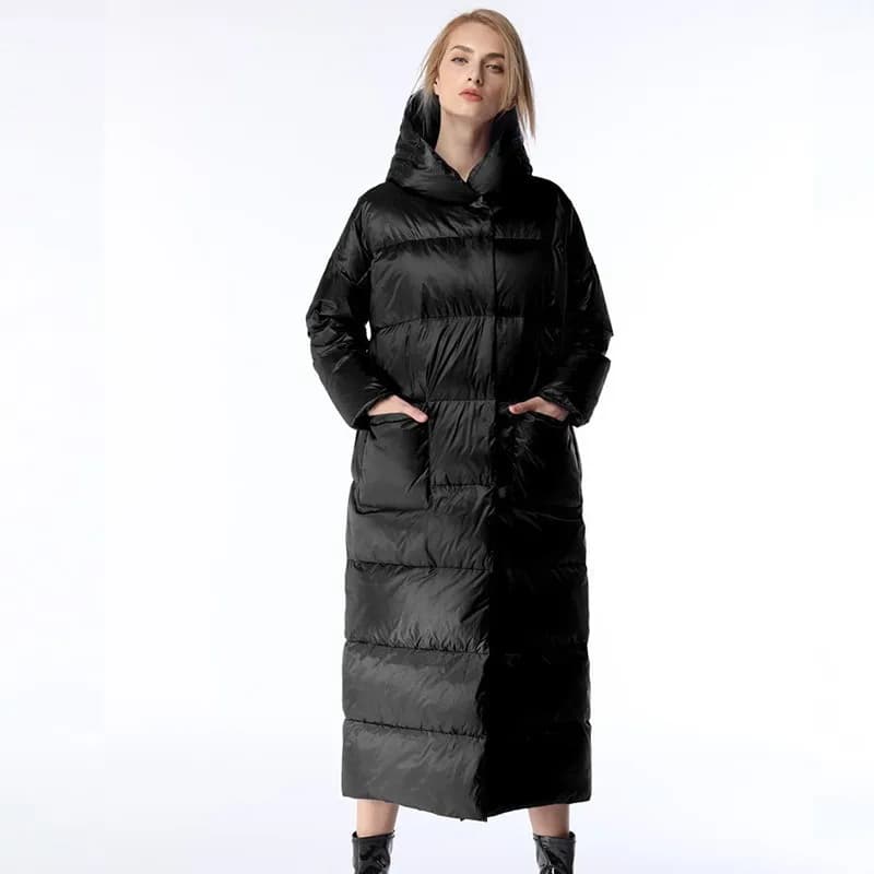 Long Knee Purple Down Jacket with Fashion Hood for Women - Plus Size Feather Overcoat for Winter (Doudoune Femme Hiver) - LS182