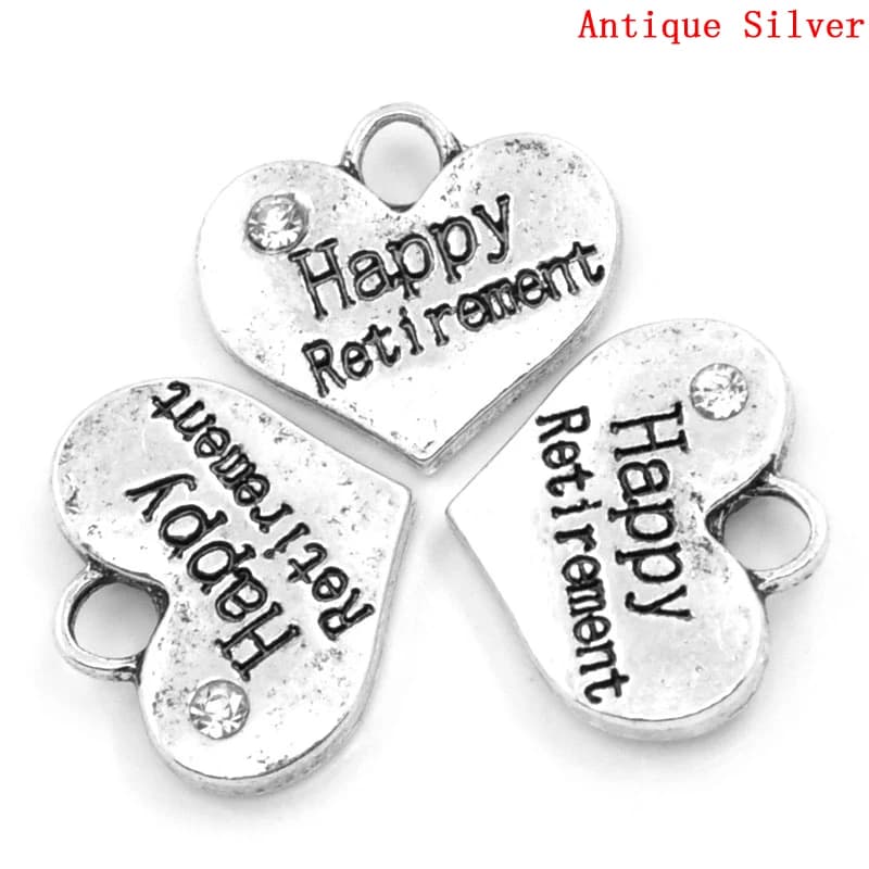 DoreenBeads Happy Retirement Heart Charm Pendants, Silver Color with Clear Rhinestone, 16x14mm, Pack of 20 (K00006) Yiwu