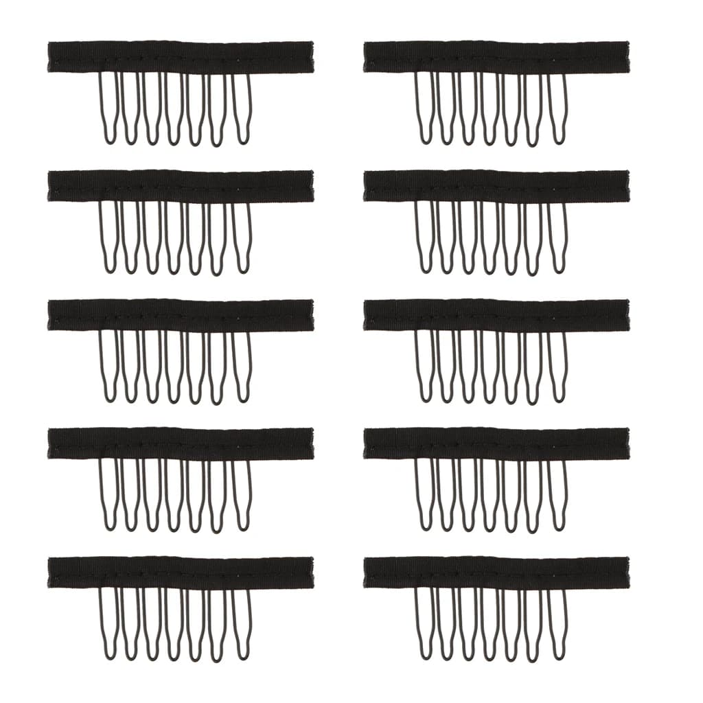10 Pieces New 7 Teeth Wig Combs - Steel Tooth Comb for Wig Caps Lace Cap Black - Portable Stainless Steel & Fabric