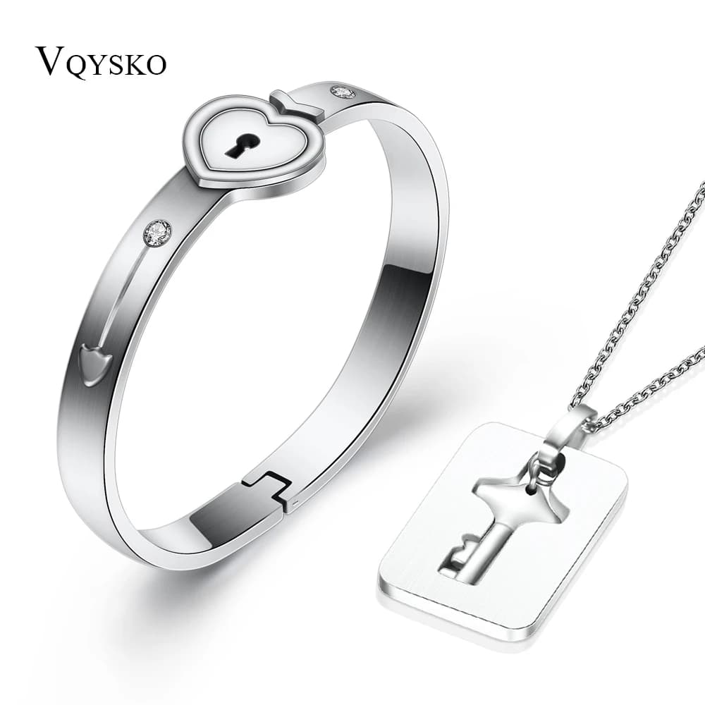 Stylish Couples Jewelry Set - Stainless Steel Love Heart Lock Bracelets, Bangles, Key Pendant Necklace - Perfect Gift for Lovers