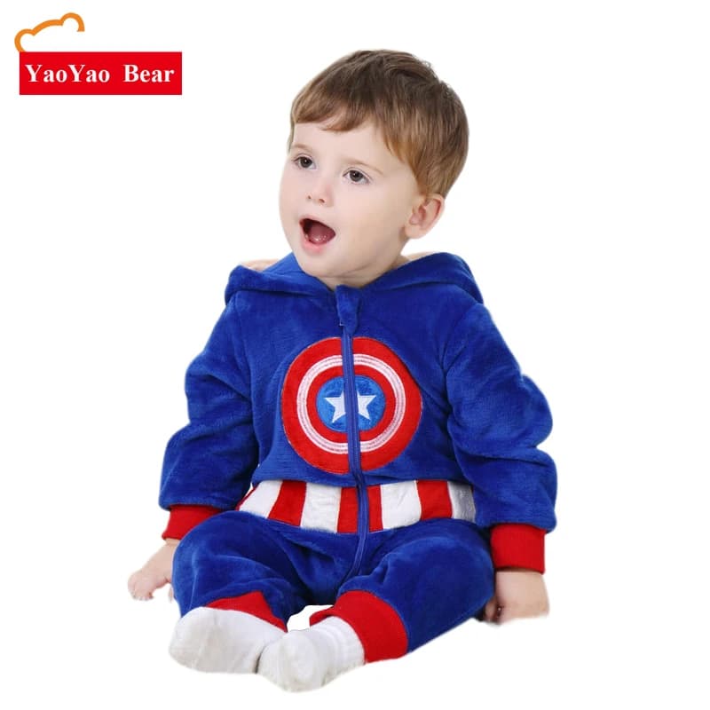 YAOYAO BEAR Baby Romper Captain America Costume - Warm Velvet Jumpsuit, Long Sleeve, 3m-24m Boys Girls Clothes - Boys Outwear Clothes