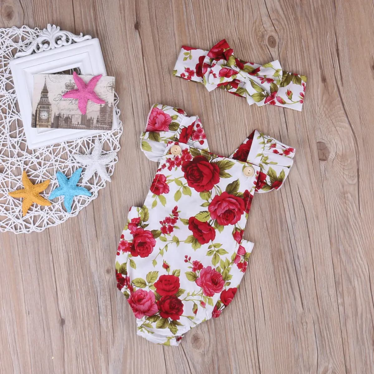 Hot Sale Cute Floral Romper 2pcs for Baby Girls - Jumpsuit Romper + Headband Set (0-24M Age) - Infant Toddler Newborn Outfits