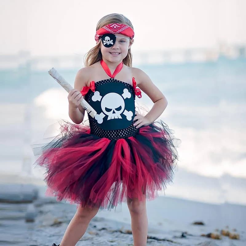 Girls Skull Pattern Pirate Costume for Halloween - Pirates of the Caribbean Cosplay for Kids Party Fancy Dress