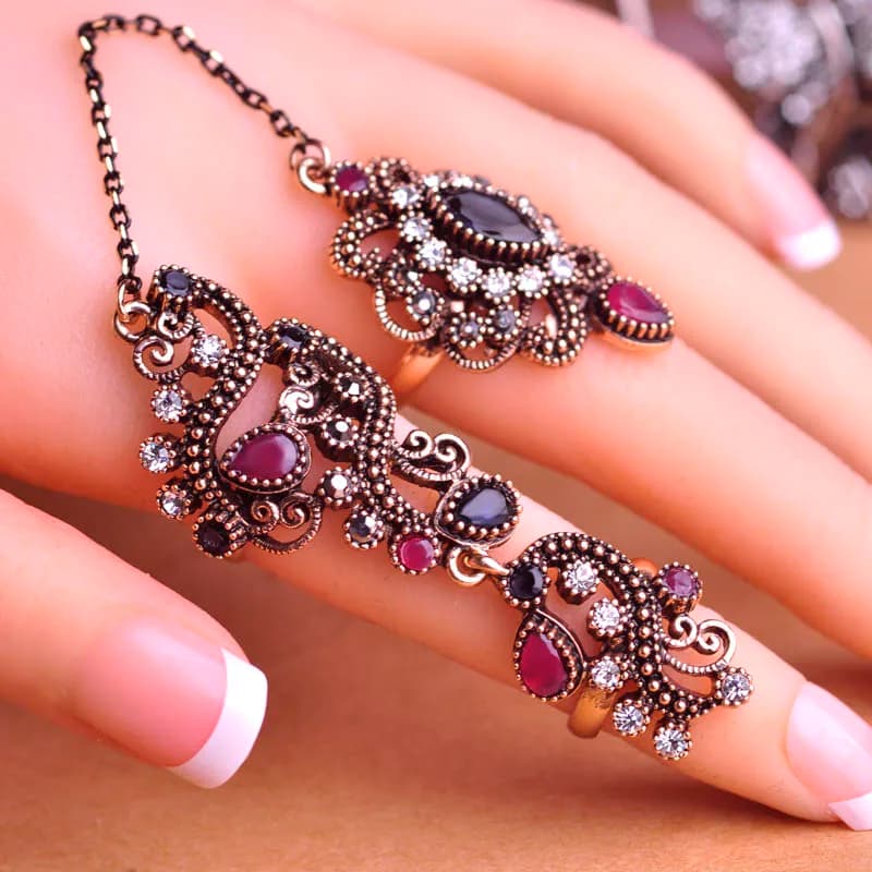 Blucome Adjustable Turkish Two Finger Rings for Women, Red Resin Hollow Out Flower Vintage Jewelry, Party Accessories