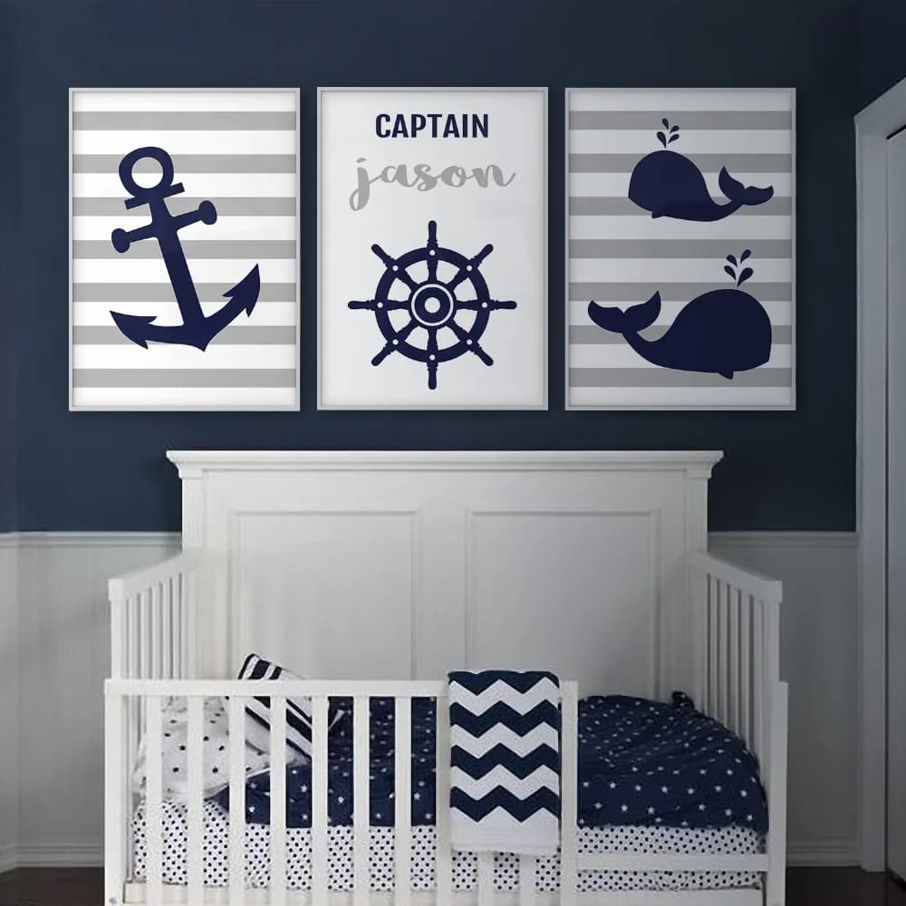 Personalized Nautical Nursery Decor - Anchor Whale Wall Art Canvas Prints in Navy Blue and Gray for Baby Boy's Room with Custom Name Poster
