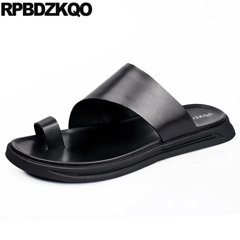 Black Leather Slip-on Toe Loop Designer Open Men Sandals - Waterproof, Summer Outdoor Slides Shoes - Fashionable Water Slippers