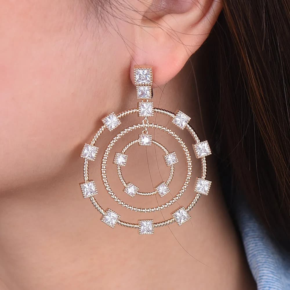 Luxury Round Circle Long Dangle Earrings for Women Wedding Cubic Zircon Crystal CZ Dubai Bridal Earrings Fashion Jewelry by GODKI