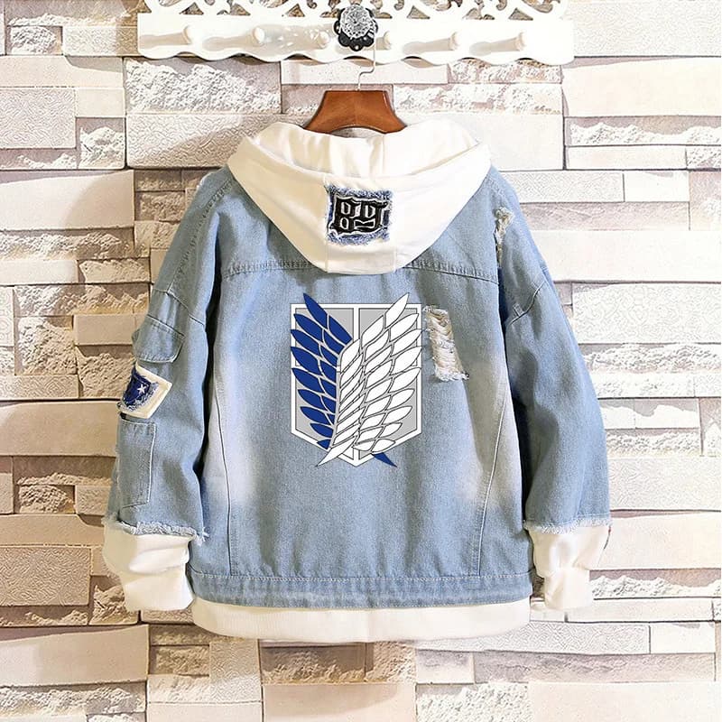 Attack on Titan Wings of Freedom Casual Jacket Cosplay Denim Hooded Sweatshirt Autumn Unisex Coat (Fake 2 Pieces) Outwear