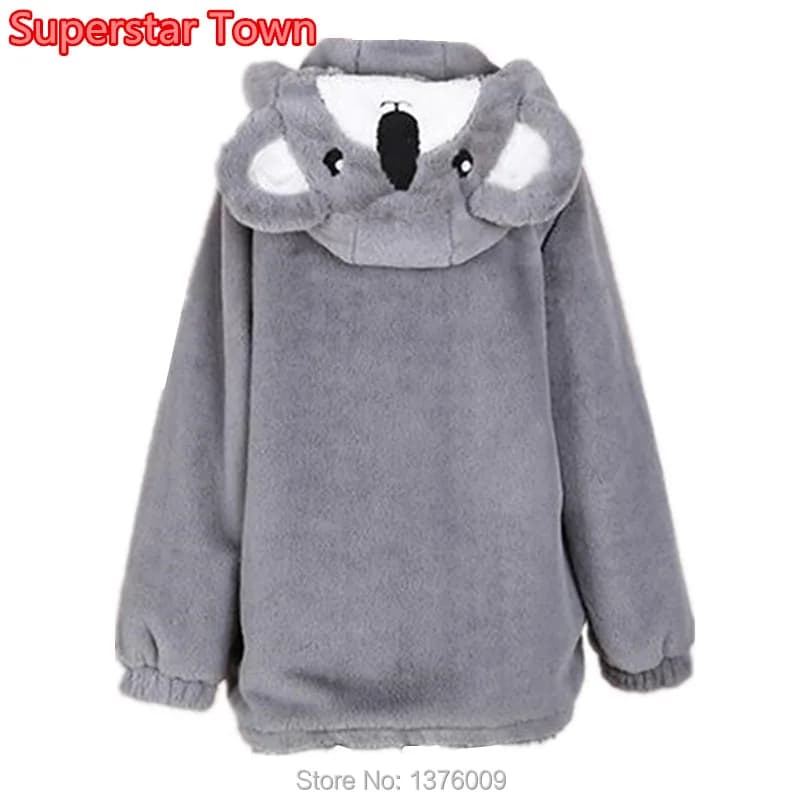 Japanese Kawaii Koala Ear Hoodie - Harajuku Lolita Style Plush Zip-Up Sweatshirt for Women