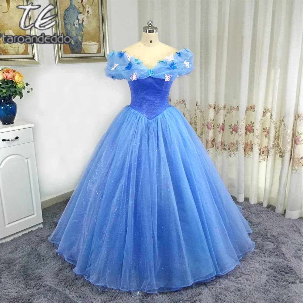 Blue Off-Shoulder Cinderella Cosplay Prom Dress with Butterfly Decoration- High Quality Evening Gown for Ball Gowns