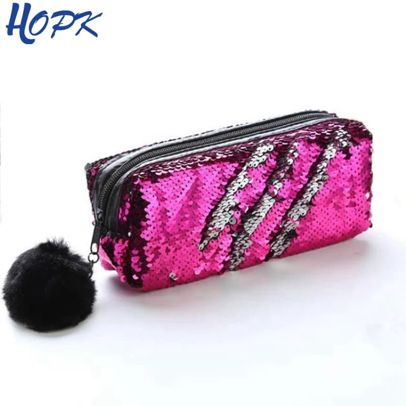 Girls School Pencil Case with Reversible Sequin Hairball, Cute and Kawaii Stationery Gift - Student Supplies