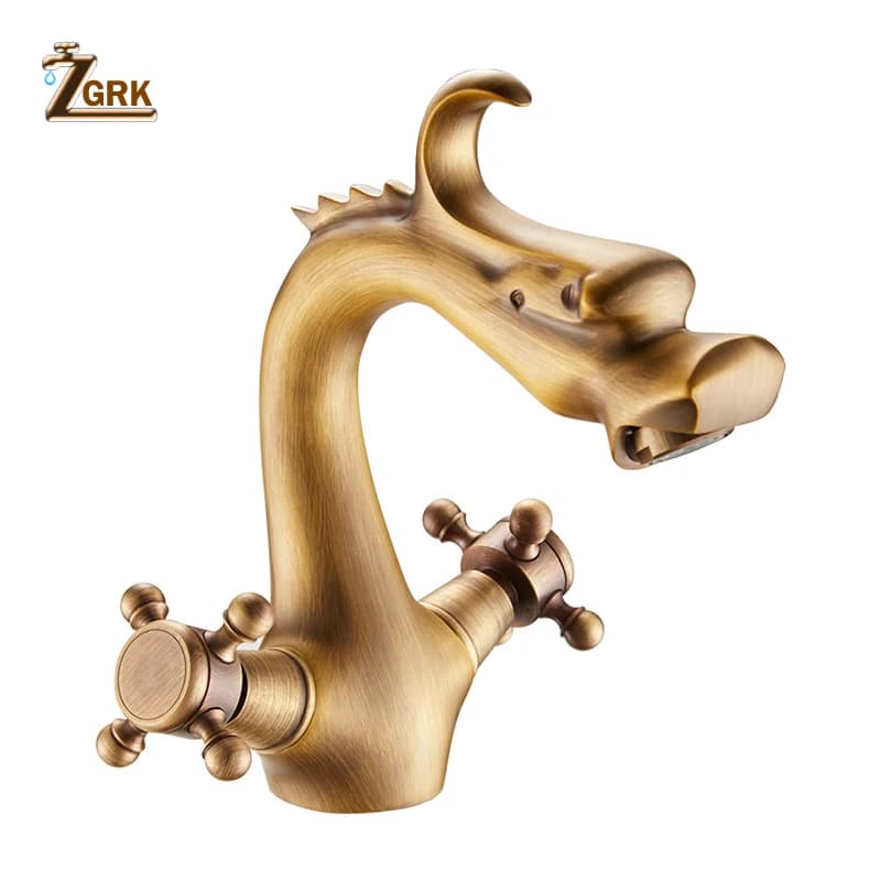 ZGRK Chinese Dragon Type Deck Mounted Cock Design - Dual Handles Single Hole European Style Rural White Gold Bathroom Faucet