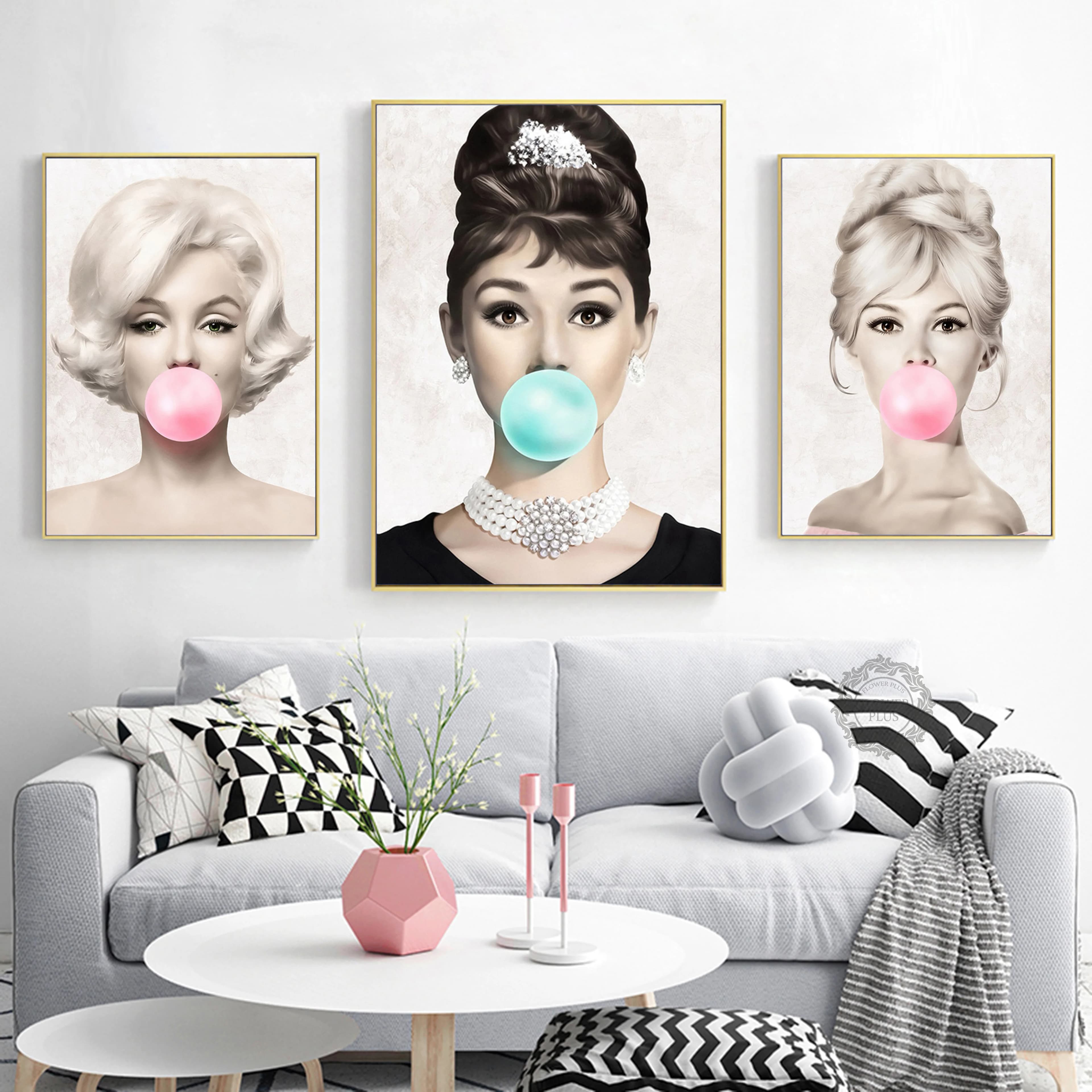 Famous Star Posters and Prints - Audrey Hepburn, Marilyn Monroe Bubble Gum Wall Art Poster, Modern Art Painting Decor - Картины Bilder