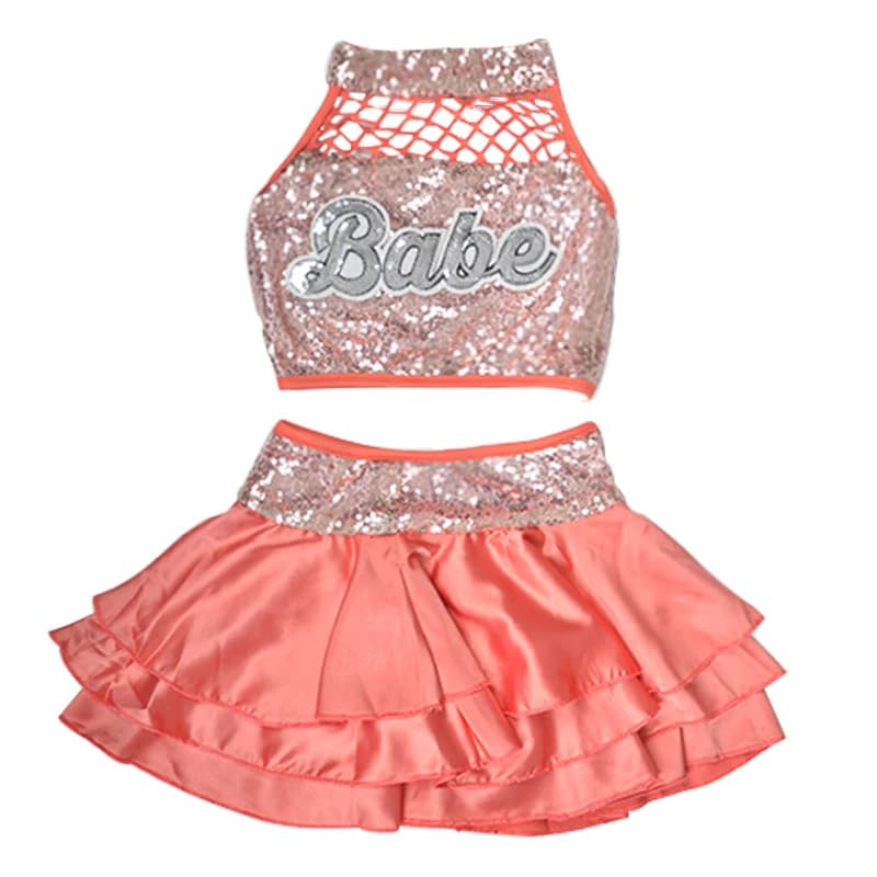 Girls Hip Hop Jazz Cheerleading Dance Costume - Pink Sequin Tutu Skirt Street Dance Clothing DN1776
