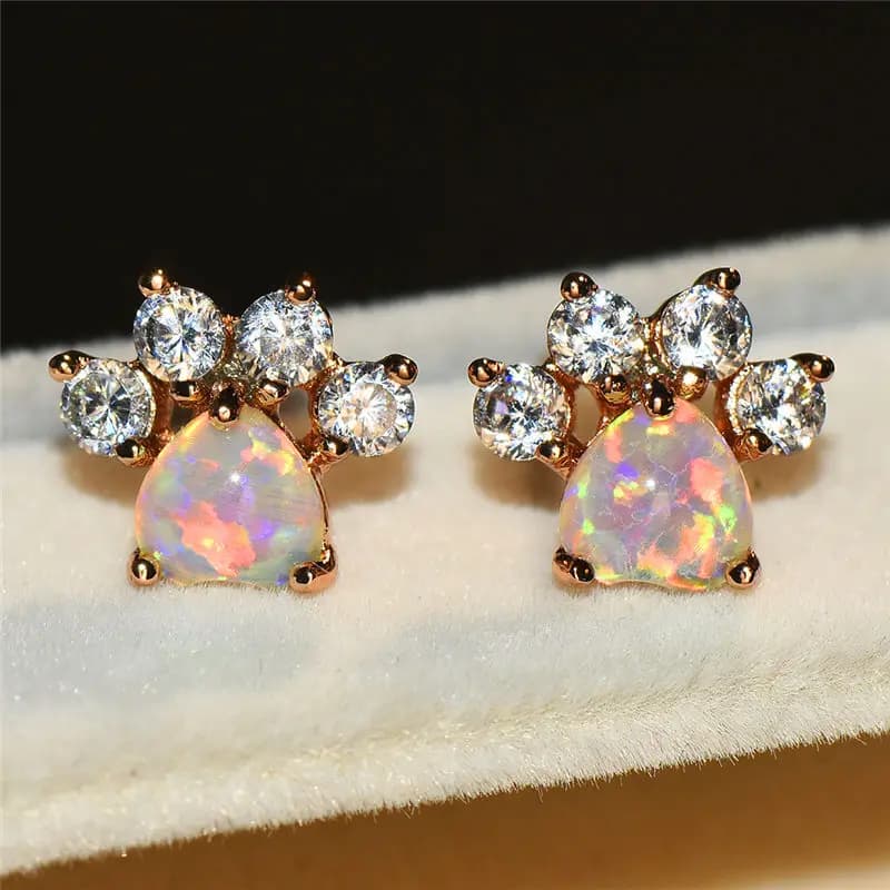 Women's Rose Gold Opal Paw Stud Earrings - Blue and White Stone Boho Jewelry for Wedding