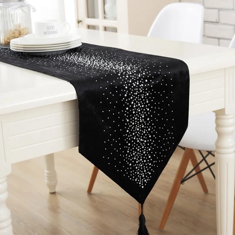 Luxury Black Velvet Rhinestone Table Runner for Dining Table, Desk, or Bed - European Design - Home Décor Wholesale FG524