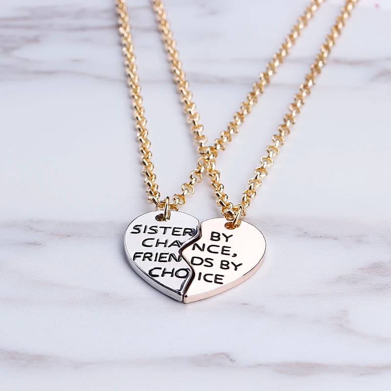 BFF Necklaces for 2: Stitched Sister Chance Friends By Choice - Best Buds Gold Silver Color Special Jewelry Gift for Friends