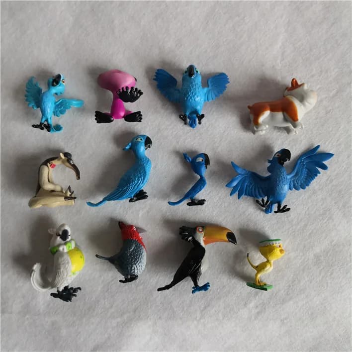 12pcs/lot Cartoon Animation Rio Adventure Diamond Parrots, Pug Dogs, Ducklings, Ant Eaters Model Toys and Gifts for Children.