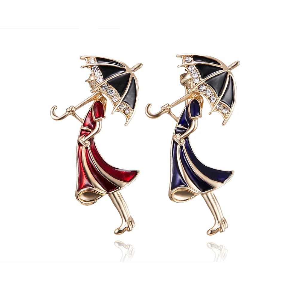 New Fashion Jewelry Accessories: Rinhoo Enamel Cartoon Brooch Pins in 2 Colors Featuring Girl Wearing Umbrella