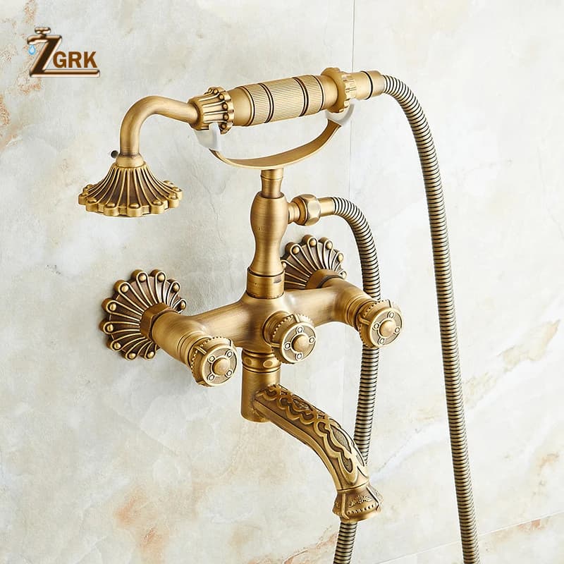 Antique Brass Shower System with Hand Shower Set, Top Spray Rainfall Shower Head for Bathroom - ZGRK