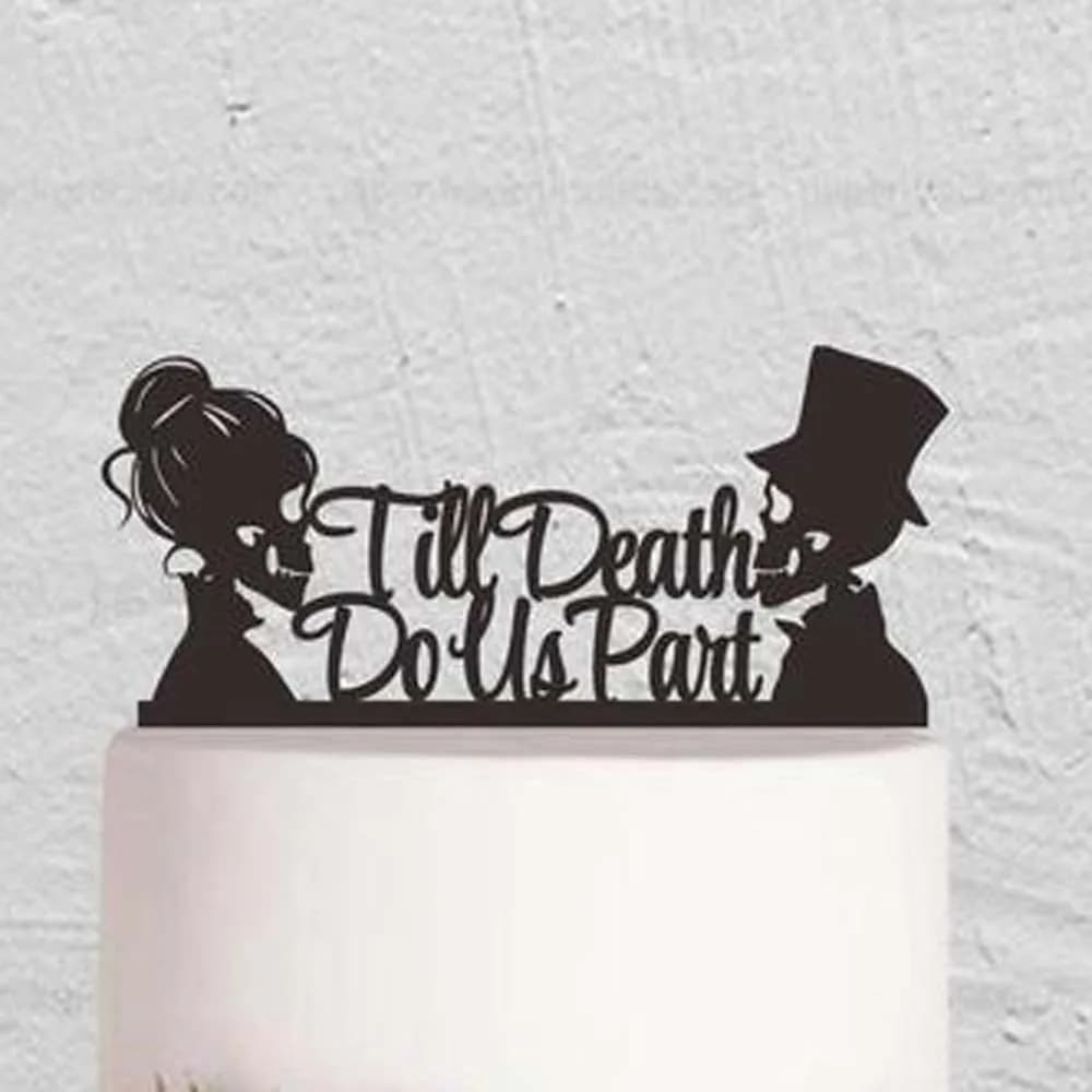Customized Till Death Do Us Part Skull Cake Topper with Wooden Wedding Base - Ideal for Halloween Skeleton Cake Decoration