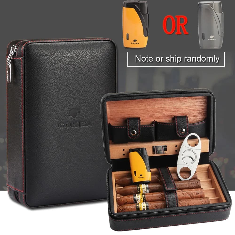 COHIBA Portable Cigar Humidor Box with Cedar Wood, Leather Cigar Case, Lighter, Cutter, and Humidifier