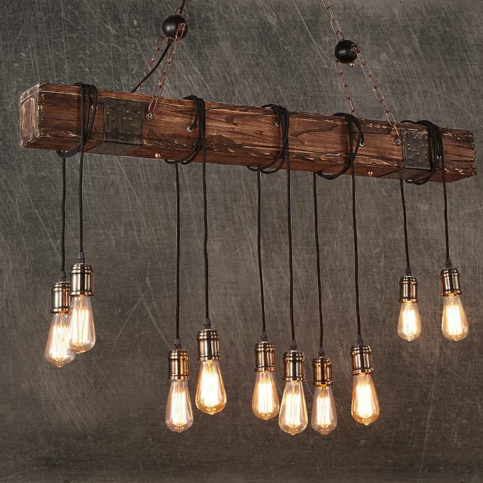 Rustic Wood Hanging Pendant Light with 10 Edison Bulbs for Farmhouse Industrial Style Homes