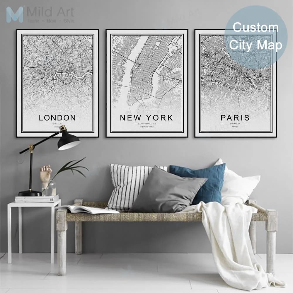 Custom World City Map Paris London New York Posters Nordic Living Room Wall Art Pictures Home Decor Canvas Paintings - Black and White
