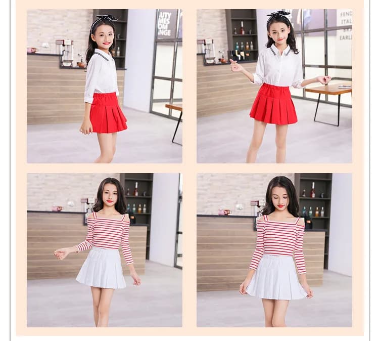 Big Girls' Red and White Cotton Pleated Skirt for School, Ages 4-14, Perfect for Summer and Autumn