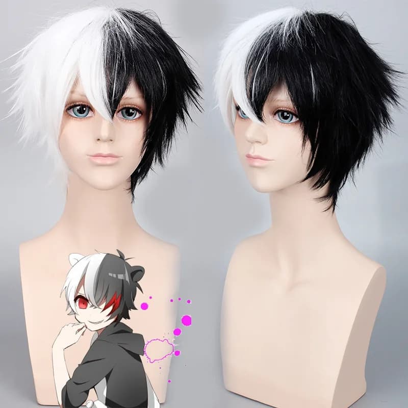 Danganronpa Monokuma Wig - Anime Cosplay Costume for Women Men - Short White Black Synthetic Hair Halloween Party Wigs Dangan Ronpa