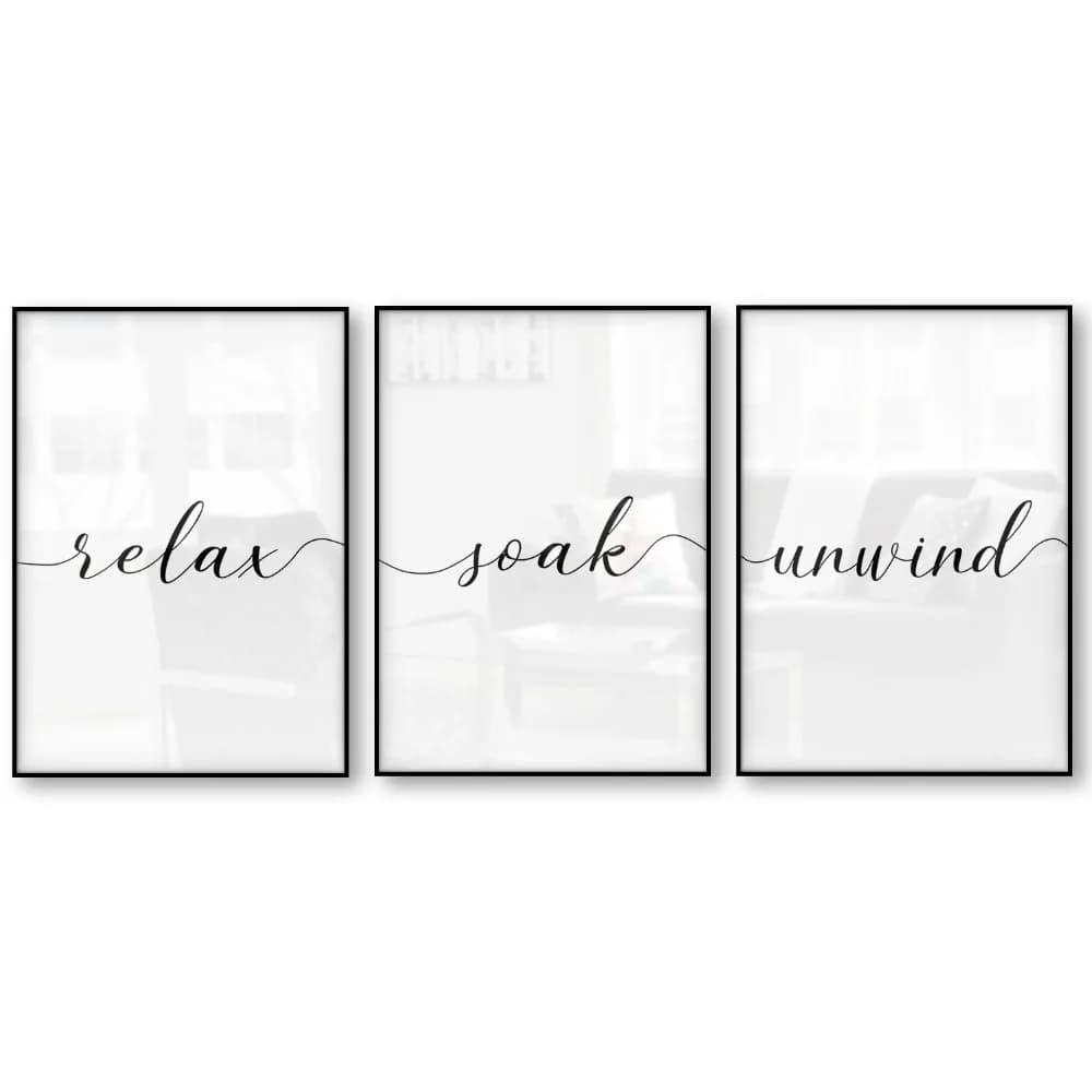 Set of 3 Black and White Bathroom Wall Art Prints - Relax, Soak, Unwind Inspirational Canvas Posters - Modern Bathroom Wall Decor