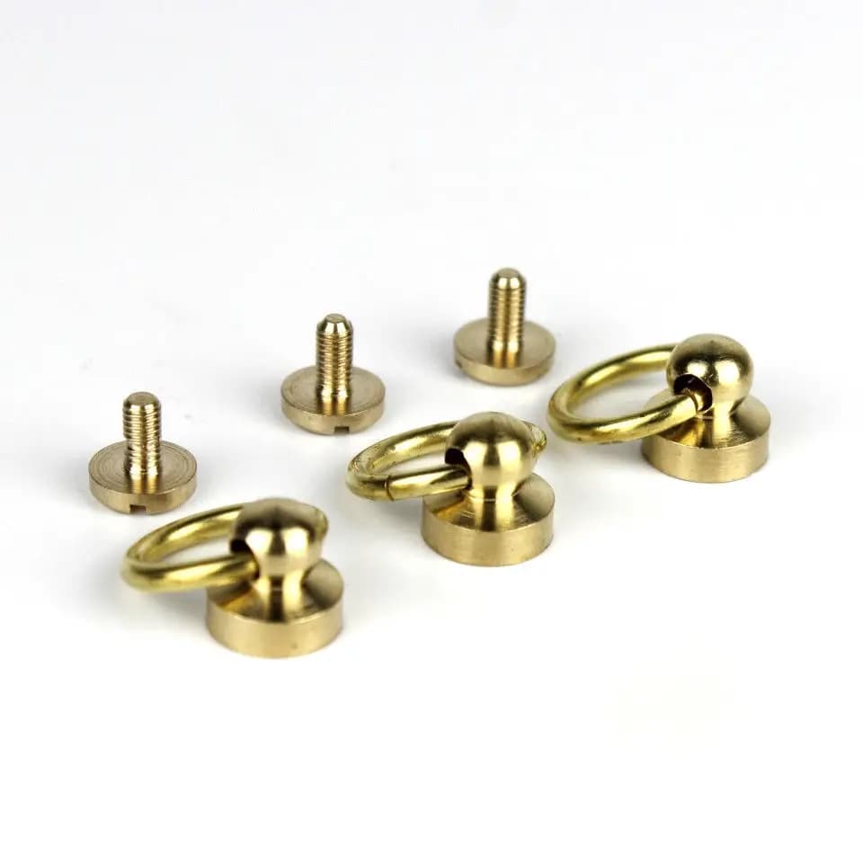 Solid Brass Ball Post Studs Rivet with D Ring Screwback (Pack of 10) - Perfect for Leather Craft DIY Accessories, Round Head Nails, Spots, and Spikes.
