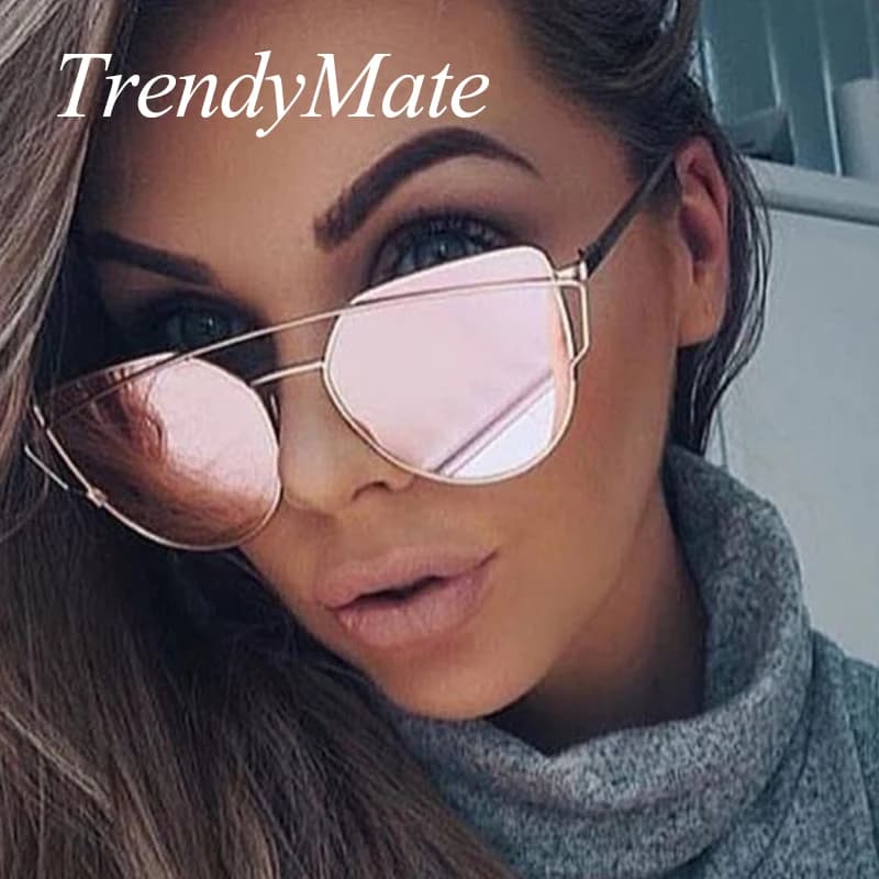 Cat Eye Sunglasses Women - Brand Designer Fashion Twin-Beams Rose Gold Mirror Cateye Sun Glasses for Female UV400